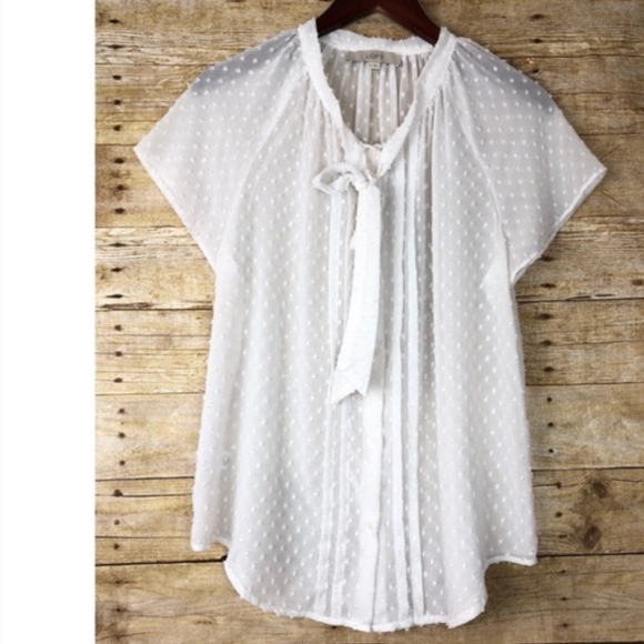 LOFT Tops - Ann Taylor Loft White Sheer Dotted Button Blouse